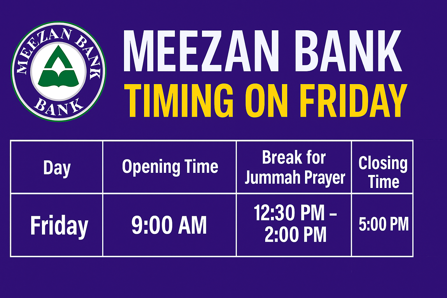 Meezan Bank Timing on Friday