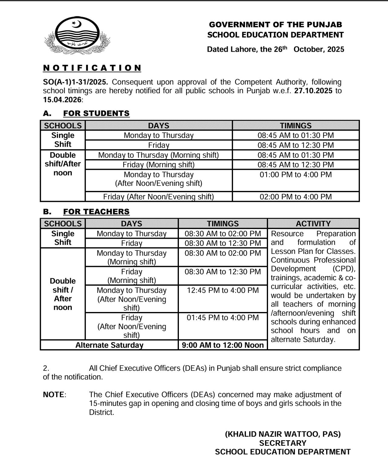 New School Timings in Punjab 2025–26