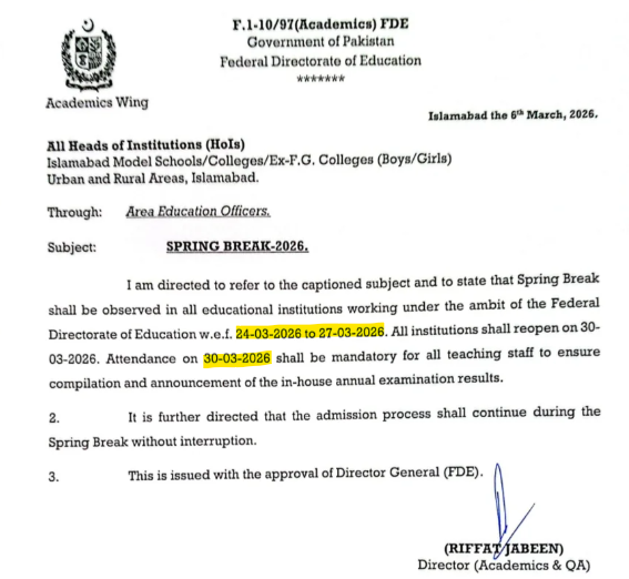 Islamabad Schools Eid Holidays 2026